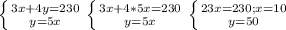 \left \{ {{3x+4y=230} \atop {y=5x}} \right. \left \{ {{3x+4*5x=230} \atop {y=5x}} \right. \left \{ {{23x=230; x=10} \atop {y=50}} \right.