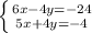 \left \{ {{6x-4y=-24} \atop {5x+4y=-4}} \right.