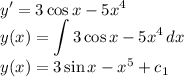 \displaystyle y'=3\cos{x}-5x^4\\y(x) = \int {3\cos{x}-5x^4} \, dx \\y(x)=3\sin{x}-x^5+c_1