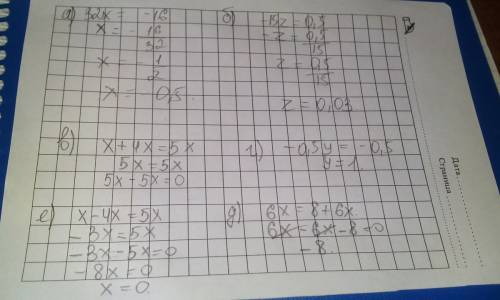 Решите уравнение с ответом (90-96) а)32х=-16 ; г)-0,5y=-0,5; б)-15z=0,5; д)6х=8+6х; в)х+4х=5х; е) х-