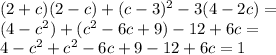 (2+c)(2-c)+(c-3)^2-3(4-2c)= \\ (4-c^2)+(c^2-6c+9)-12+6c= \\4-c^2+c^2-6c+9-12+6c=1