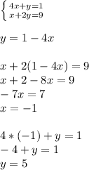 \left \{ {{4x+y=1} \atop {x+2y=9}} \right. \\ \\ y=1-4x \\ \\ x+2(1-4x)=9 \\ x+2-8x=9 \\ -7x=7 \\ x=-1 \\ \\ 4*(-1)+y=1 \\ -4+y=1 \\ y=5