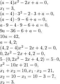 (a-4)x^2-2x+a=0, \\ x_1=3, \\ (a-4)\cdot3^2-2\cdot3+a=0, \\ (a-4)\cdot9-6+a=0, \\ a\cdot9-4\cdot9-6+a=0, \\ 9a-36-6+a=0, \\ 10a=42, \\ a=4,2; \\ (4,2-4)x^2-2x+4,2=0, \\ 0,2x^2-2x+4,2=0, \\ 5\cdot(0,2x^2-2x+4,2)=5\cdot0, \\ x^2-10x+21=0, \\ x_1+x_2=10, x_1\cdot x_2=21, \\ x_2=10-x_1=10-3=7, \\ x_2=3.