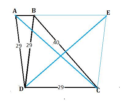 Прямые ab и cd параллельны, cd=bd=ad=29, bc=40. найдите длину отрезка ac.