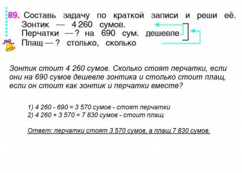 Зонтик - 4260 сумов. перчатки - ? , на 690 сум.дешевле чем зонтик. плащ - ? , столько,,сколько чем п