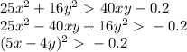 25x^2+16y^2\ \textgreater \ 40xy-0.2 \\ 25x^2-40xy+16y^2\ \textgreater \ -0.2 \\ (5x-4y)^2\ \textgreater \ -0.2