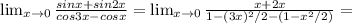 \lim_{x \to 0}\frac{sin x+ sin 2x}{cos 3x- cos x} = \lim_{x \to 0}\frac{x+ 2x}{1-(3x)^2/2-( 1-x^2/2)}=