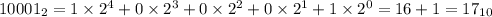 10001_2=1\times2^4+0\times2^3+0\times2^2+0\times2^1+1\times2^0=16+1=17_{10}