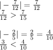 |-\frac{7}{12}|=\frac{7}{12}\\\frac{7}{12}\ \textgreater \ \frac{7}{15}\\\\|-\frac{2}{5}|=\frac{2}{5}=\frac{4}{10}\\\frac{3}{10}\ \textless \ \frac{4}{10}