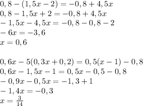 0,8-(1,5x-2)=-0,8+4,5x\\0,8-1,5x+2=-0,8+4,5x\\-1,5x-4,5x=-0,8-0,8-2\\-6x=-3,6\\x=0,6\\\\0,6x-5(0,3x+0,2)=0,5(x-1)-0,8\\0,6x-1,5x-1=0,5x-0,5-0,8\\-0,9x-0,5x=-1,3+1\\-1,4x=-0,3\\ x=\frac{3}{14}