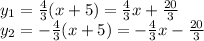 y_1=\frac{4}{3} (x+5)=\frac{4}{3} x+ \frac{20}{3} &#10;\\\&#10;y_2=-\frac{4}{3} (x+5)=-\frac{4}{3} x- \frac{20}{3}