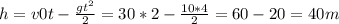 h=v0t- \frac{gt ^{2} }{2} =30*2- \frac{10*4}{2} =60-20=40m