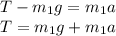 T-m_1g=m_1a\\T=m_1g+m_1a