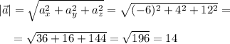 |\vec a|=\sqrt{a_x^2+a_y^2+a_z^2} =\sqrt{(-6)^2+4^2+12^2} =\\ \\~~~~=\sqrt{36+16+144} =\sqrt{196}=14