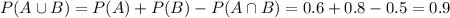 P(A\cup B)=P(A)+P(B)-P(A\cap B)=0.6+0.8-0.5=0.9