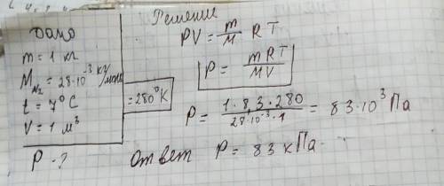 Каким будет давление (кпа) 1 кг азота с температурой 7°с в сосуде с объемом 1 м3? ​