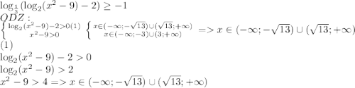 \log_{ \frac{1}{3} }( \log_{2}(x^{2}-9) - 2) \geq-1\\ODZ:\\\left \{ {{\log_{2}(x^2-9)-20(1)} \atop {x^2-90 }} \right.\left \{ {{x\in(- \infty;-\sqrt{13})\cup(\sqrt{13};+ \infty)} \atop {x\in(- \infty;-3)\cup(3;+ \infty)}} \right.=x\in(- \infty;-\sqrt{13})\cup(\sqrt{13};+ \infty)\\(1)\\ \log_{2}(x^2-9)-20 \\\log_{2}(x^2-9)2 \\x^2-94=x\in(- \infty;-\sqrt{13})\cup(\sqrt{13};+ \infty)