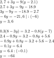 2,7+3y=9(y-2.1)\\&#10;2.7+3y=9y-18.9\\&#10;3y-9y=-18.9-2.7\\&#10;-6y=-21,6 \ |:(-6)\\&#10;y=3,6\\&#10;\\&#10;0.3(8-3y)=3.2-0.8(y-7)\\&#10;2.4-0.9y=3.2-0.8y+5.6\\&#10;-0.9y+0.8y=3.2+5.6-2.4\\&#10;-0.1y=6.4\\&#10;y=6.4:(-0.1)\\&#10;y=-64