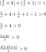 (\frac{4}{x}+4)+ (\frac{1}{x}+1)\ \textgreater \ 1\\\\ \frac{4}{x}+4+ \frac{1}{x}+1-1\ \textgreater \ 0\\\\ \frac{5}{x}+4\ \textgreater \ 0\\\\ \frac{5+4x}{x}\ \textgreater \ 0\\\\ \frac{4(1,25+x)}{x}\ \textgreater \ 0