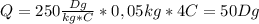 Q=250 \frac{Dg}{kg*C} *0,05kg*4C=50Dg