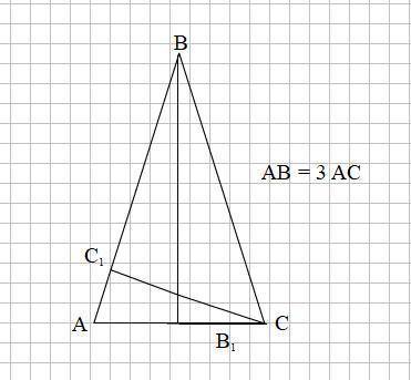 Втреугольнике abc сторона ab в 3 раза больше стороны ac. чему равно отношение высот,проведенных из в