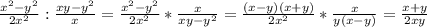 \frac{x^2-y^2}{2x^2}: \frac{xy-y^2}{x}=\frac{x^2-y^2}{2x^2}*\frac{x}{xy-y^2}=\frac{(x-y)(x+y)}{2x^2}*\frac{x}{y(x-y)}= \frac{x+y}{2xy}