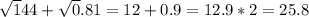 \sqrt 144+ \sqrt0.81=12+0.9=12.9*2=25.8