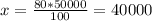 x= \frac{80*50000}{100} =40000