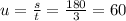 u= \frac{s}{t}= \frac{180}{3}=60