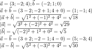 \vec a = (3;-2;4); \vec b = (-2;1;0)\\\vec a + \vec b = (3-2;-2+1;4+0)=(1;-1;4)\\|\vec a + \vec b|=\sqrt{1^2+(-1)^2 + 4^2}=\sqrt{18}\\|\vec a|=\sqrt{3^2+(-2)^2+4^2}=\sqrt{29}\\|\vec b|=\sqrt{(-2)^2+1^2+0^2}=\sqrt{5}\\\vec a - \vec b = (3+2;-2-1;4-0)=(5;-3;4)\\|\vec a-\vec b|=\sqrt{5^2+(-3)^2+4^2}=\sqrt{50}