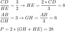 \displaystyle\frac{CD}{HE}=\frac{3}{2}\to HE=\frac{2*CD}{3}=8\\\\\frac{AB}{GH}=3\to GH=\frac{AB}{3}=6\\\\P=2*(GH+HE)=28