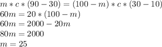 m*c*(90-30)=(100-m)*c*(30-10)\\60m=20*(100-m)\\60m=2000-20m\\80m=2000\\m=25