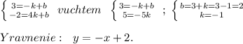 \left \{ {{3=-k+b} \atop {-2=4k+b}} \right. \; vuchtem\; \; \left \{ {{3=-k+b} \atop {5=-5k}} \right. \; ;\; \left \{ {{b=3+k=3-1=2} \atop {k=-1}} \right. \\\\Yravnenie:\; \ y=-x+2.