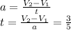 a= \frac{V_2-V_1}{t} \\ t= \frac{V_2-V_1}{a} = \frac{3}{5}