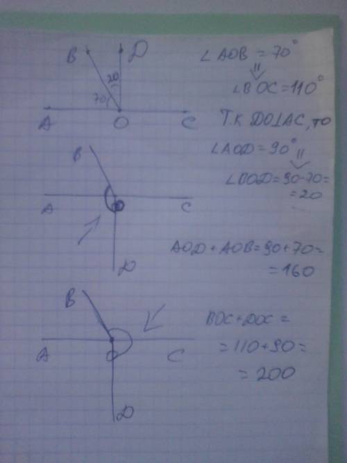 Углы aob и boc - смежные. прямая do перпендикулярна к прямой ac. какой может быть велечина угла dob,