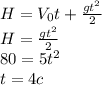 H=V_0t+ \frac{gt^2}{2} \\ H= \frac{gt^2}{2} \\ 80=5t^2 \\ t=4 c