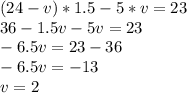 (24-v)*1.5-5*v=23 \\ 36-1.5v-5v=23 \\ -6.5v=23-36 \\ -6.5v=-13 \\ v=2