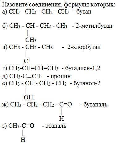 Назовите соединения, формулы которых: а) ch3 - ch2 - ch2 - ch3 б) ch3 - c(ch3)h - ch2 - ch3 в) ch3 -