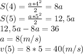 S(4)=\frac{a*4^2}{2}=8a\\S(5)=\frac{a*5^2}{2}=12,5a\\12,5a-8a=36\\a=8(m/s)\\v(5)=8*5=40(m/s)