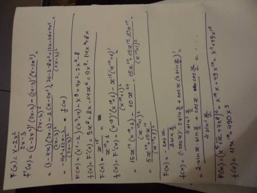 Знайти f(x) ф(х)=х-2х^2/2х-3 ф(х)=(х^2-2)(х^7+4) ф(х)=х^15/х^10+1 ф(х)=-соax/2sinx/2 ф(х)=(х^5корень