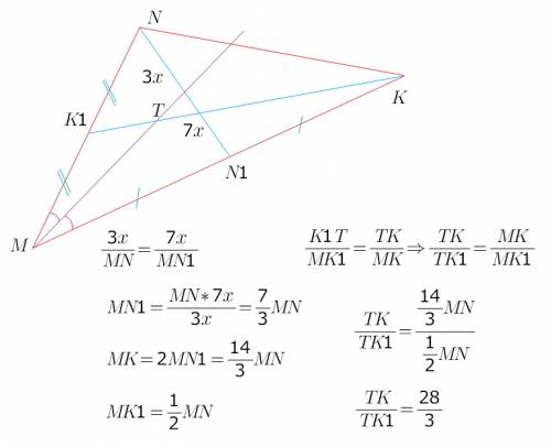 Биссектриса угла м треугольника мнк делит медиану нн1 в отношении 3: 7 считая от вершины н. в каком