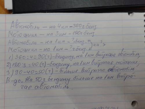 Написати корткий запис. автомобіль на кожні 4 км.шляху витрачає 360 г.бензину ,а мотоцикл на 3 км.шл