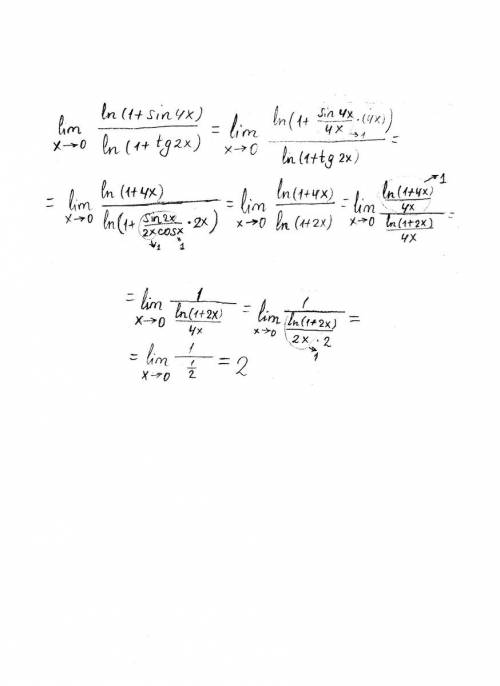 Как решить этот лимит ? lim x-> 0 (ln(1+sin4x)/ln(1+tg2x)