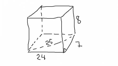 Впрямоугольном параллепипеде стороны осннования 7 дм и 24 д а высота 8 дм .найдите плошадь диогонале