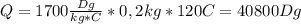 Q=1700 \frac{Dg}{kg*C}*0,2kg*120C= 40800Dg