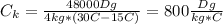 C_k= \frac{48000Dg}{4kg*(30C-15C)}=800 \frac{Dg}{kg*C}