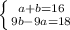 \left \{ {{a+b=16} \atop {9b-9a=18}} \right.