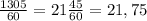 \frac{1305}{60}=21\frac{45}{60}=21,75