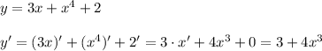 y=3x+x^4+2\\\\y'=(3x)'+(x^4)'+2'=3\cdot x'+4x^3+0=3+4x^3