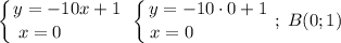 \displaystyle \left \{ {{y=-10x+1} \atop {x=0\qquad \quad }} \right. \; \left \{ {{y=-10\cdot 0+1} \atop {x=0\qquad \qquad }} \right. ;\; B(0;1)